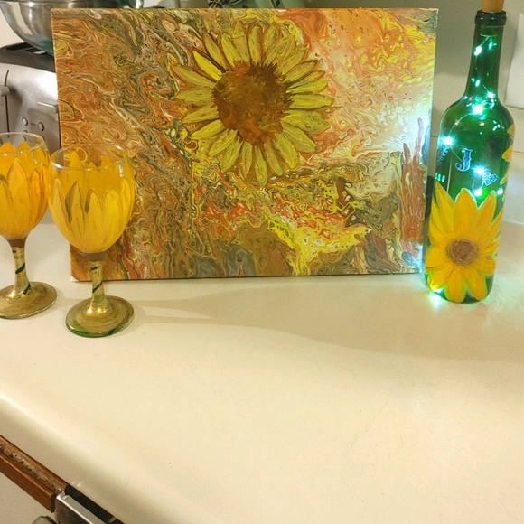 HandCrafted Custom Paintings Wine Bottles Drinking Glasses Canvas Gift Sets